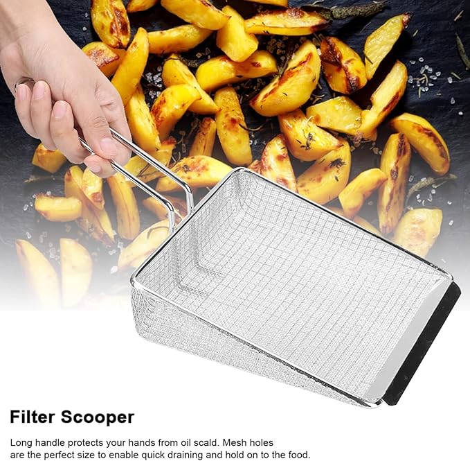 Multi Function Stainless Steel Frying Shovel Kitchen Mesh Scooper Strainer for French Fries Deep Fry Filter with Long Heat Handle for Home and Restaurant Use