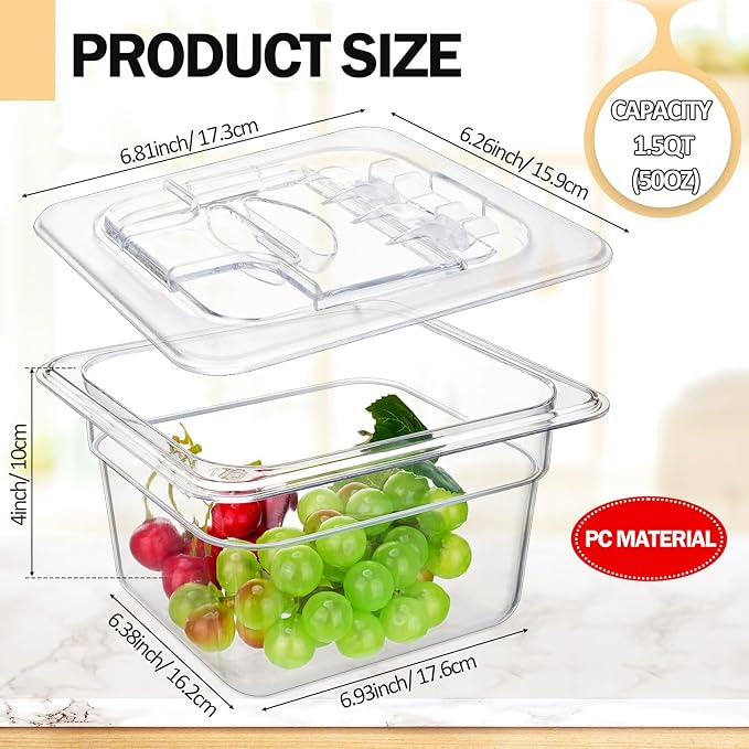 Geetery 12 Packs 4'' Deep Polycarbonate Food Pan with Lid 1/6 Size Stackable Plastic Pan Restaurant Food Storage Containers with Hinged Lids for Hotel Supplies (Clear)