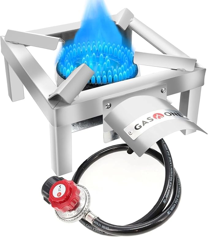 GasOne Stainless Steel Single Propane Burner - Outdoor Cooking with Heat Shield and Guard – Propane Burner Head for Camping Tailgating Seafood Boil Home Brewing - Patent Pending