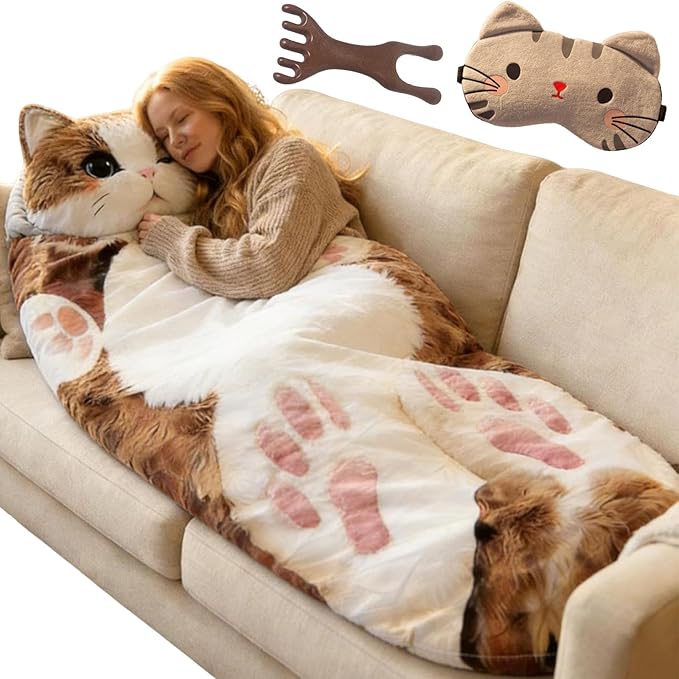 Cat Sleeping Bag Fluffy Cat Sleeping Bag for Human Washable Adorable Cat Envelope Sleeping Bags for Indoor Use or Camping