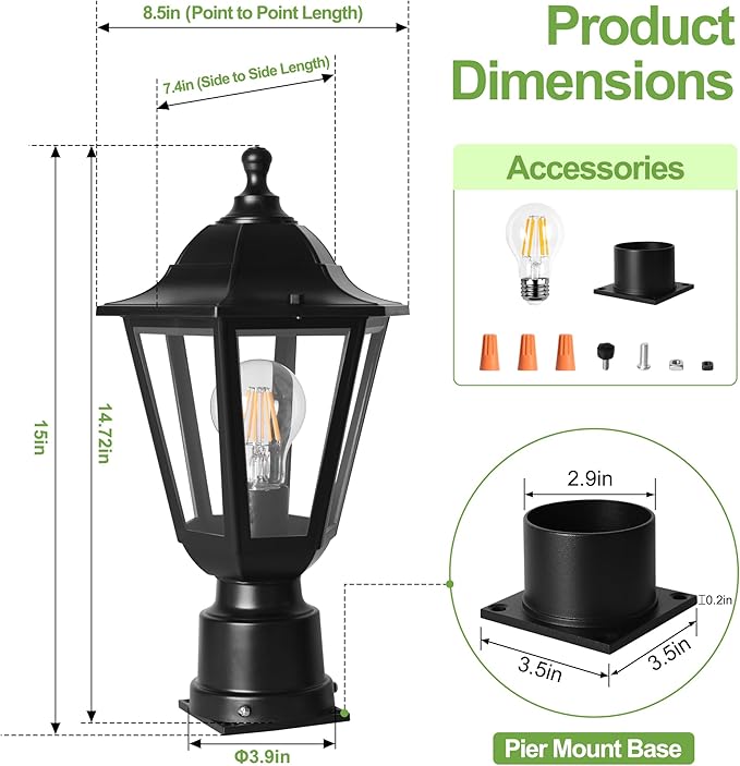 FUDESY Outdoor Post Light Exterior Lamp Post Light Fixture with Pier Mount Base Waterproof Pole Lantern Lighting with E26 Socket Matte Black Plastic Lamp for Garden Patio Pathway(Bulb Included)