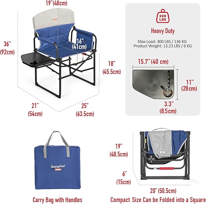 SUNNYFEEL Heated Camping Directors Chair Heavy DutyOversized Outdoor Portable Heating Folding Chair with Side Table Pocket for Beach FishingTripPicnicLawnConcert Foldable Camp Chairs