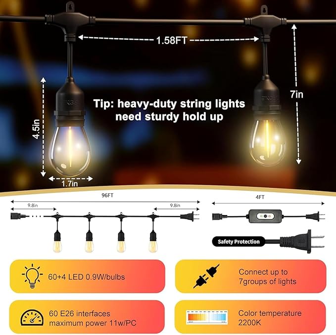100FT LED Outdoor String Lights with 60+4 Waterproof Bulbs(1.5FT Bulbs Spacing) Remote &amp Dimmer Commercial Grade Patio Lights with 3 Mode Light &amp Timing 100PC Ties