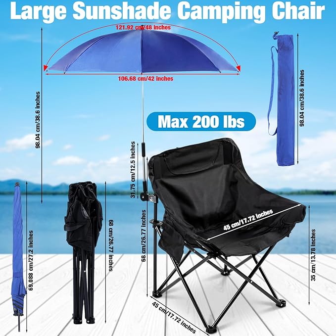 2 Set Beach Chair with Umbrella Foldable Camping Chair Adjustable and Fold up Umbrella with Storage Bag for Outdoors Fishing Camping Hiking Travel Picnic Beach