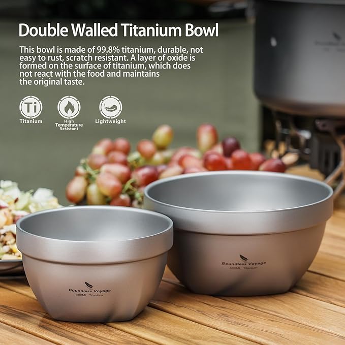 Boundless Voyage Titanium Double Walled Bowl Oatmeal Rice Soup Yogurt Bowl Ultralight Portable Tableware Outdoor Camping Metal Bowls (800ml)