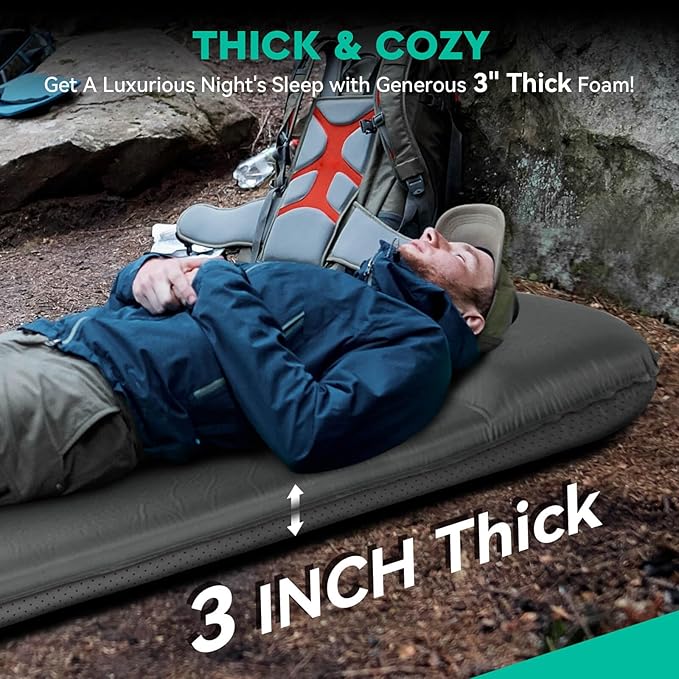 Hikenture Self Inflating Sleeping Pad for Camping 3'' Ultra Thick Camping Pad with Pillow 9.5 R-Value Insulated Camping Mattress 4-Season Inflatable Foam Camping Mat for Car Tent Cot