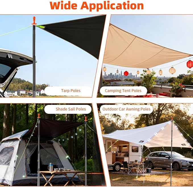 Heavy Duty Telescoping Tarp Poles Set of 4-4-Section Adjustable 3.1FT to 9.2FT Aviation Aluminum Tent Poles for Camping Awning Rain Fly Sun Shade Canopy with Stakes &amp Guylines