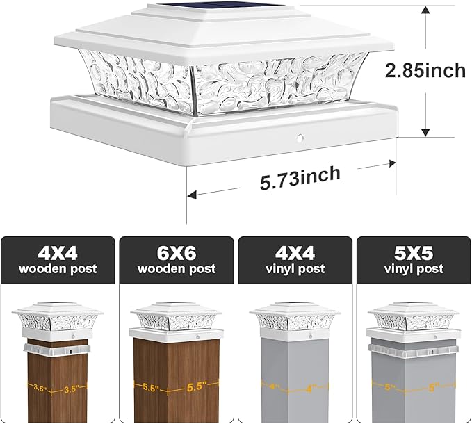 Solar Post Cap Lights Outdoor 6pack Waterproof Solar Powered Deck Fence Post Lights Fit 4x4/5x5/6x6 Wood/Vinyl Posts White Vinyl Fence Post lights with Warm/Cool White for garden Patio Porch Deck