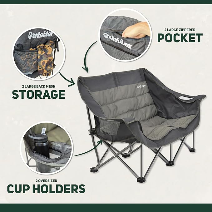 OUTSIDER Love seat Padded Lounge Chair Oversized Folding Camping Sofa Low Seat Double Camping Chair Portable Outdoor Loveseat Supports 500 lbs for Beach Tailgating RV Sports Patio