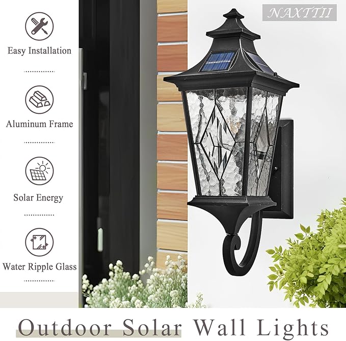 Solar Exterior Front Porch Light with Water Ripple Handmade Solder Glass Dusk to Dawn Solar Sconce Lights Outdoor 20.9 Inch Height Large Size Waterproof Include Remote Control and LED Bulb