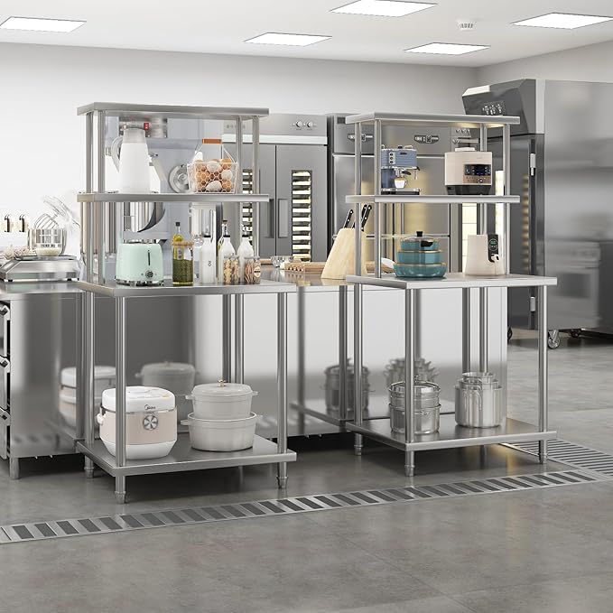 30x24 Stainless Steel Work Table with 2-Tier Adjustable Overshelves Commercial Prep Table for Kitchen Restaurant Garage Laundry Utility Room