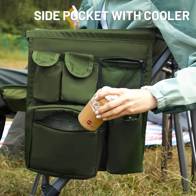 Timber Ridge 500lbs Oversized Folding Camping Chair Heavy Duty Lawn Chair for Adults Portable Collapsible High Back Chair with Cup Holder Side Pocket Cooler Bag for Outdoor Sports Green