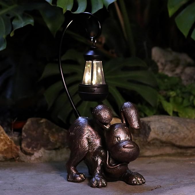 Laughing Dog Figurine with Solar-Powered LED Light 15.9 Inch Tall Antique Bronze Perfect for Gift Garden Decor or Housewarming for Dog Lovers
