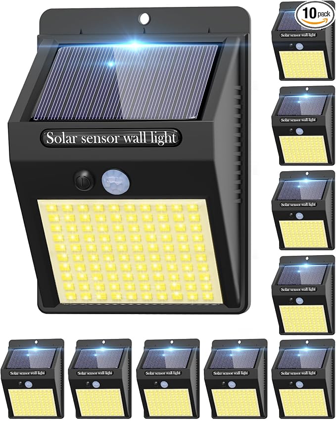 10 Pack Solar Motion Lights - 3 Modes/100LED Outdoor Security Lights - Wireless IP65 Waterproof - Warm White for Front Door Backyard Garage Deck