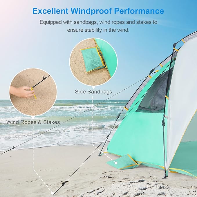 Wolfwise Instant Beach Tent Sun Shelter with Zippered Extendable Porch for Privacy Portable Beach Tents with Carrying Bag Easy Setup Pop up Beach Shade for 6-7 Person 110 x57x57 in Mint Green