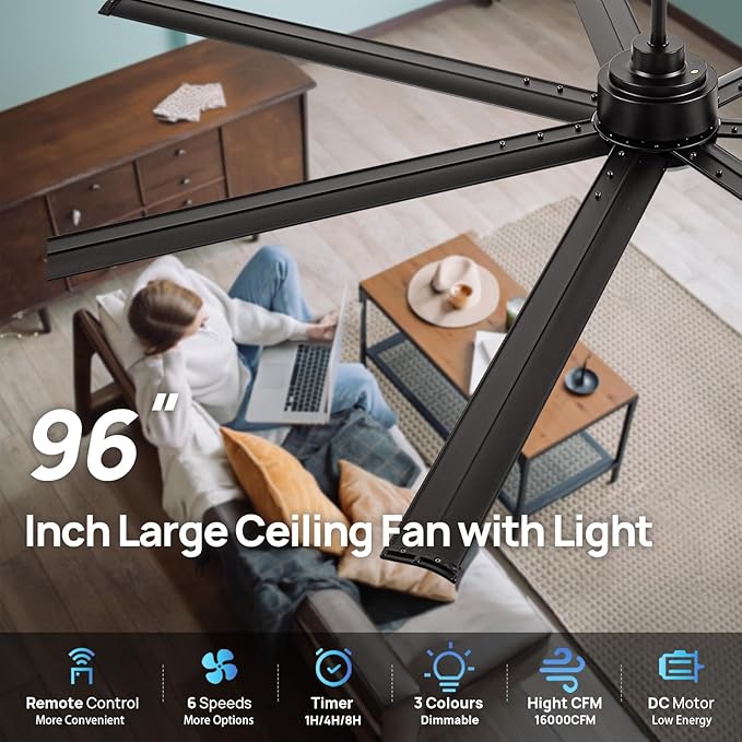 96 Inch Industrial Ceiling Fans with LightBlack HVLS Ceiling Fan with 6 Speeds Reversible MotorHigh CFM Indoor/Outdoor Ceiling Fan with 7 Aluminum Blades for Barn shopCommercial
