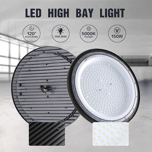 150W LED High Bay Lights with US Plug 21000LM High Bay LED Shop Light 5000K Daylight IP65 Waterproof UFO Commercial Warehouse Workshop Factory Barn Garage Lighting 4 Pack