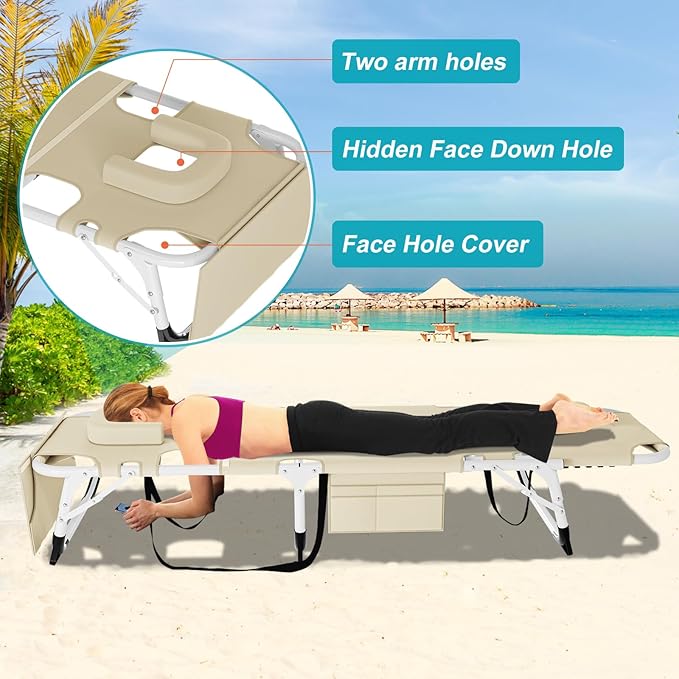 ABORON Folding Camping Cot W/Mat &amp Face Arm Hole for Adults Adjustable Heavy Duty Outdoor Bed1200 D Layer Oxford Travel Camp Cots for Beach Pool LawnYard Patio