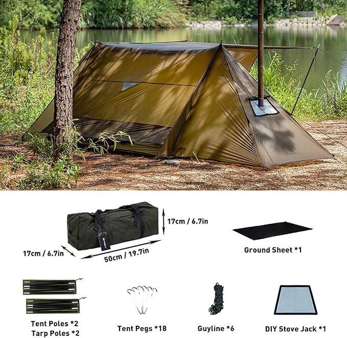 POMOLY Hot Tent Bushcraft Tent STOVEHUT 20 2.0 Ultralight Shelter with 4 Poles for 1-2 Person Camping Backpacking (Brown)