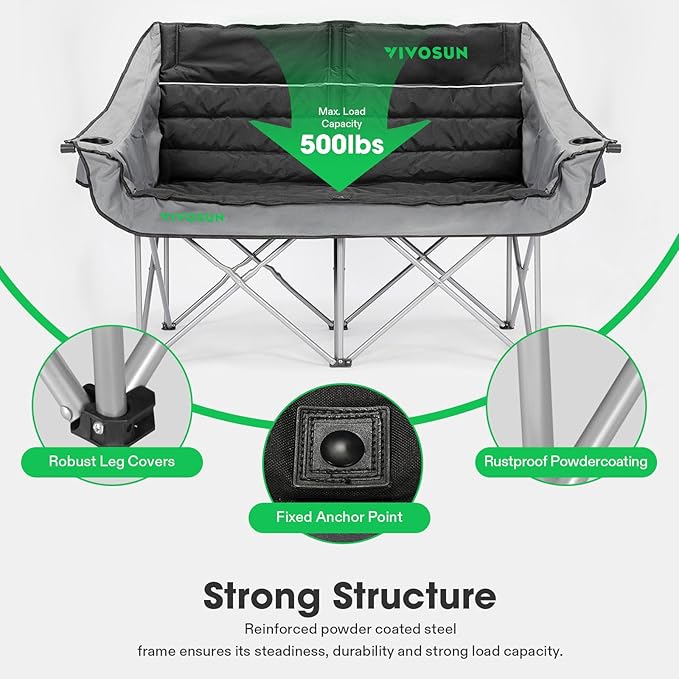 VIVOSUN Double Camping Chair Fully Padded Folding Loveseat Oversized Duo Chair with Cup &amp Wine Glass Holders Pocket Armrests &amp Carry Bag