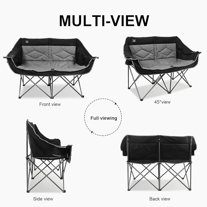 Northroad Folding Loveseat Camping Chair Portable Double Duo Full Padded Garden Chair for 2 Person Sofa w/ 2 Cup HolderWine Glass HolderMesh StorageSupport 500lbs for Picnic Beach Travel