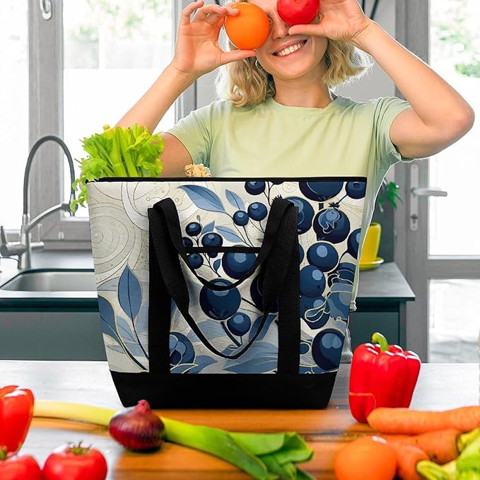 Insulated Shopping BagLarge Reusable Cooler Bags Field of Blueberries Printed Foldable Shopping BagTravel Waterproof Shoulder Bag