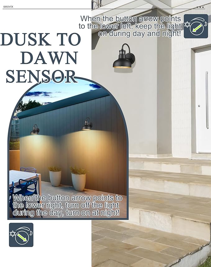 2Pack 7” Motion Sensor Outdoor Wall Light Outdoor Light Fixture Dusk to Dawn E26 Base Socket IP65 Waterproof Outside Porch Lights for Garage Porch 2210SBK(G)-2
