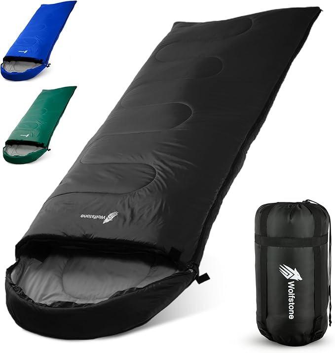 Wolfstone Sleeping Bags for Adults - 3 Season Sleeping Bags with Lightweight Compression Sack for Hiking &amp Camping - Anti-Snag Zipper Tear-Resistant Shell &amp Breathable Lining in Black Blue o