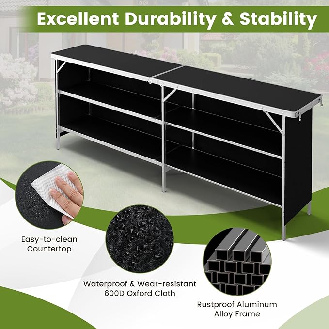 GOFLAME Folding Camping Table Aluminum Portable Picnic Table w/ 2-Tier Open Shelves &amp Spacious Tabletop Carrying Bag Included Outdoor Large Kitchen Table for Picnic BBQ Party Backyard (Black
