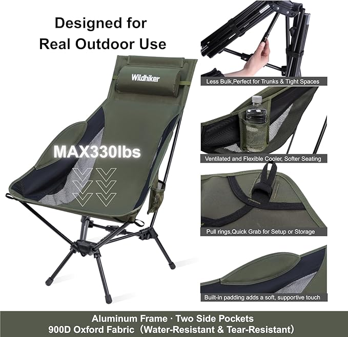 Wildhiker Portable Compact Folding Camping Chairs – Lightweight High Back with Pillow Deep Recline ArmPads Side Pockets-for Motorcycle RV Backpacking Travel Festival – Green