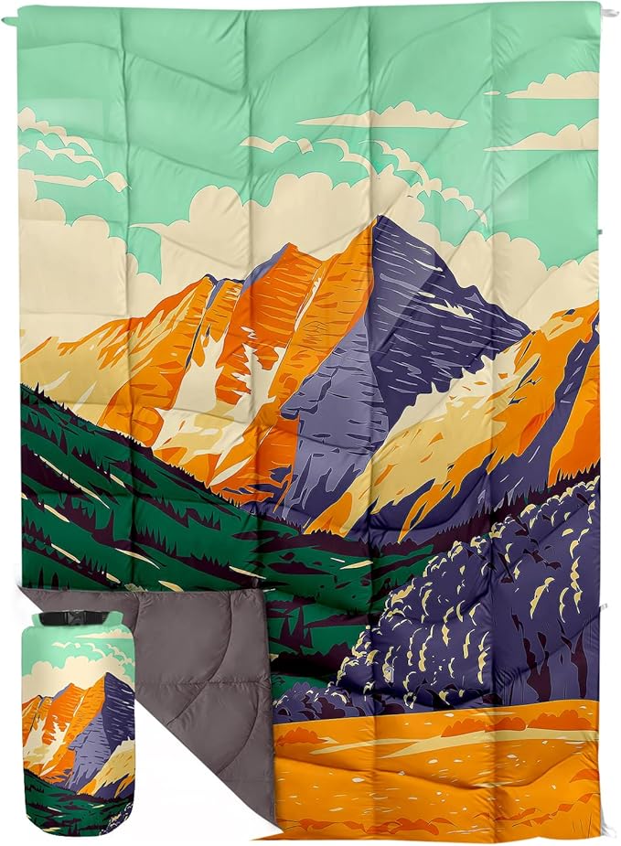 Outdoor Puffy Camping Blanket Lightweight Down Alternative Puffy Printed Camping Large Ultra Warm Hammock Top Quilt Waterproof Blanket for Traveling Picnic Beach Party Cold Weather (Peak)