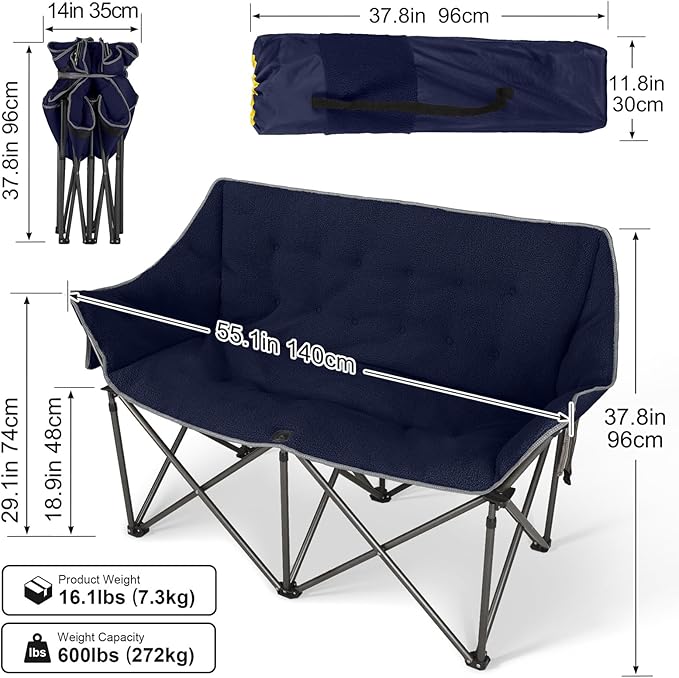 Double Camping Chairs-Padded Loveseat Camp Couch for 2 PersonHeavy Duty Sofa Folding Lawn Chair with Cushion for BackyardSportsPatio and Home UseDeep Blue