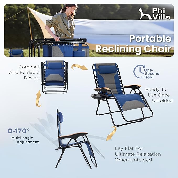 PHI VILLA XXL Oversized Padded Zero Gravity Chair Foldable Patio Recliner 30 Wide Seat Anti Gravity Lounger with Cup Holder Support 400 LBS (Thumb Blue)