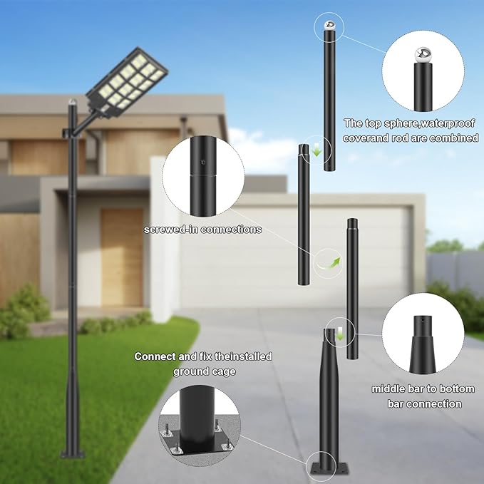 Street Light Pole 13Ft - Black Outdoor Adjustable Metal Solar Street Lamp PostSuitable for Street Courtyard Porch Exterior Patio Flag Lighting Fixtureswith Mounting Rebar Cage Base Accessory