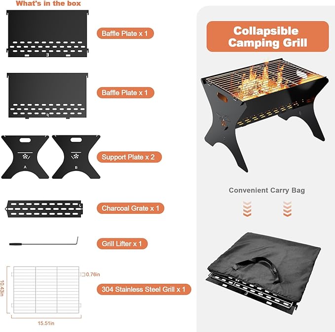 Camping Campfire Grill 16Lx12D Portable Folding Charcoal Grills Backpacking BBQ Grill with Carry Bag Outdoor Fire pit for Camping Picnic Bonfire Patio Backyard