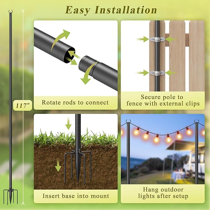 4 Pack String Light Poles for Outside 10Ft Adjustable Outdoor Light Poles for String Lights Outdoor Lighting Stand with Fork for Patio Deck Backyard Garden Party &amp Wedding