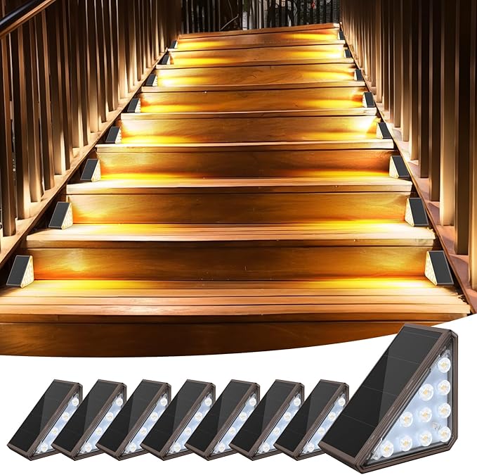 8 Pack Solar Stair Lights Outdoor Step Lights with Waterproof IP67 Warm White LED Solar Light for Outside Light Decor for Stair Deck Front Step Front Porch Patio and Backyard