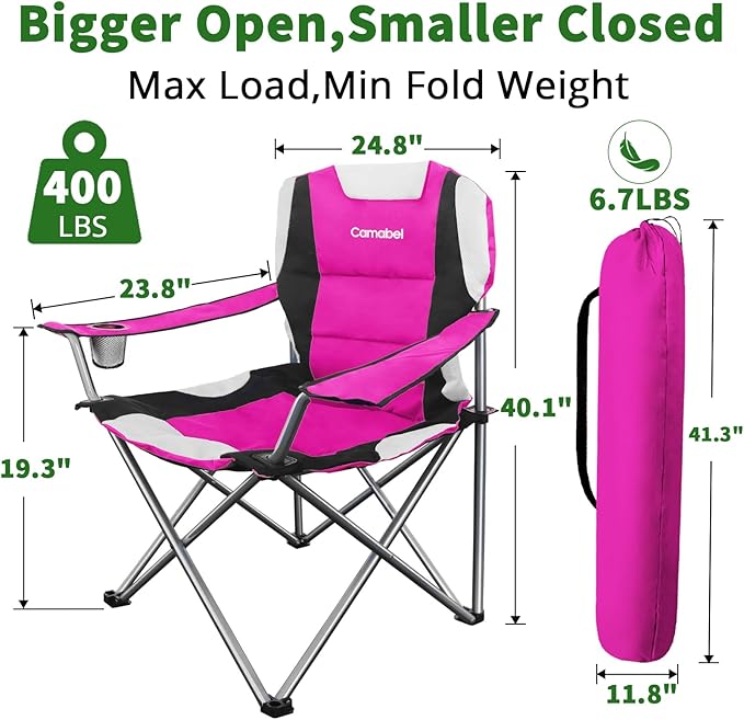 Camabel Folding Camping Chairs 400lbs Oversized Outdoor Collapsible Lawn Chair Padded Sports Portable Lightweight Chairs for Beach Hiking Fishing Picnics with Cup Holder Hanami Pink