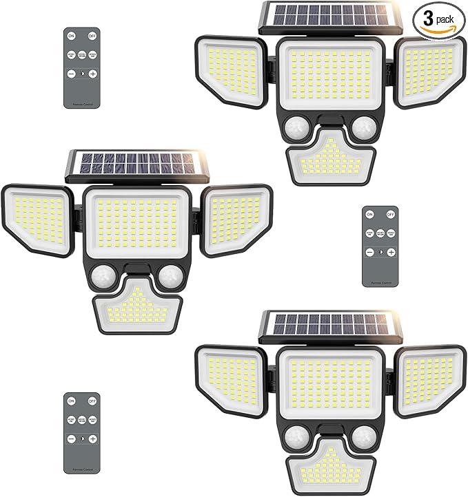 Onforu 3000LM Solar Lights Outdoor 4 Heads Solar Security Lights with Remote Control 180 LEDs IP65 Waterproof Motion Sensor Lights 3 Modes Flood Lights for Wall Porch Yard Outside 3 Pack
