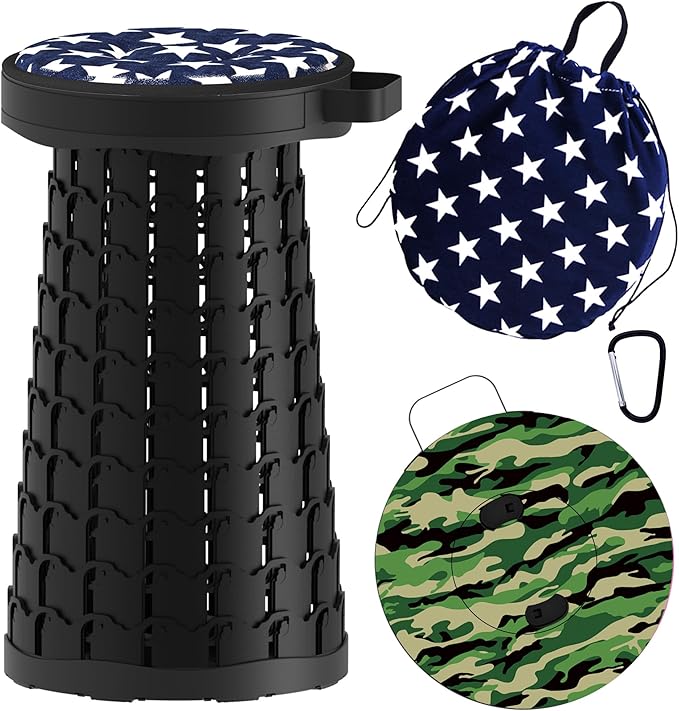 ALEVMOOM Upgraded Telescoping Collapsible Stool with Cushion Folding Stool with Printing Portable Retractable Foldable Seat Max Load 550lbs for Adults Camping Fishing Outdoor