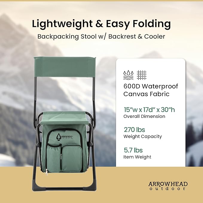 Arrowhead Outdoor Multi-Function 3-in-1 Compact Camp Chair: Backpack Stool &amp Insulated Cooler w/Bottle Holder &amp Storage Bag External Pockets Backrest Fishing Hiking Heavy-Duty USA-Base