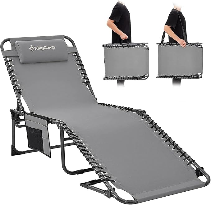 KingCamp Chaise Lounge Outdoor 5-Position Adjustable Patio Lounge ChairFolding Tanning Chair for LawnBeachPool and SunbathingPortable Heavy-Duty Camping Reclining Chair with Pillow (1 Grey)