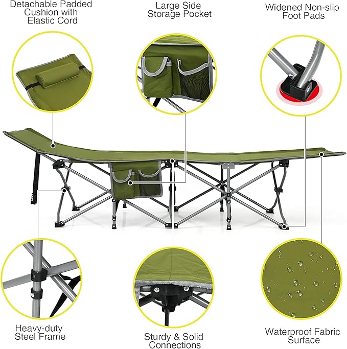 Goplus Folding Camping Cot Sleeping Cot for Adults with Carry Bag Weight Capacity Slanted Head Side Pocket Heavy Duty Portable Camping Bed for Kids Beach Office Snap (Army Green)