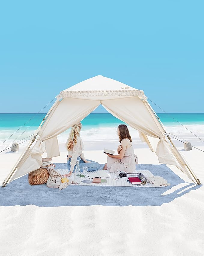 OutdoorMaster Pop Up Beach Tent with Fringe for 4 Person Easy Setup and Portable Beach Shade Sun Shelter Canopy with UPF 50+ UV Protection 11MM Thick Pole