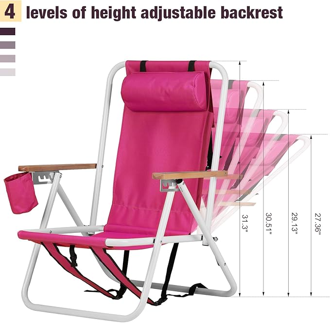 Outvita Folding Beach Chair Adjustable Headrest w/4 Flexible Tilt Angle Cup Holder Portable High Strength Cleanable Fabric for Sand Camping Lawn Concert Travel Festival