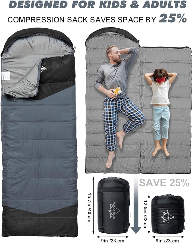 Lightweight 3-Season Sleeping Bag for Adults/Kids Camping Compact w/Compression Sack Waterproof Ripstop Portable for Backpacking Hiking Travel