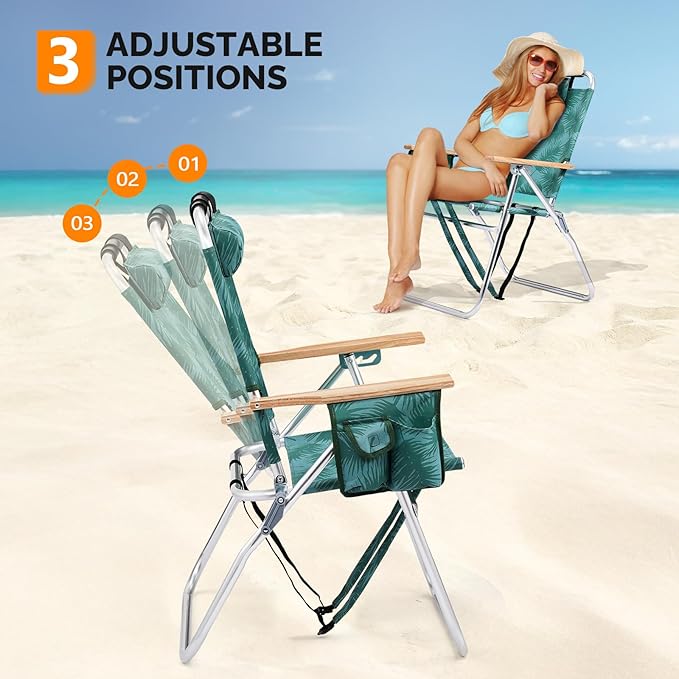 VINGLI Aluminum 17 Backpack Beach Chair – Tall Beach Chairs for Adults Portable with Adjustable Straps 3-Position Reclining Cup Holder High Lightweight Beach Chairs for Beach