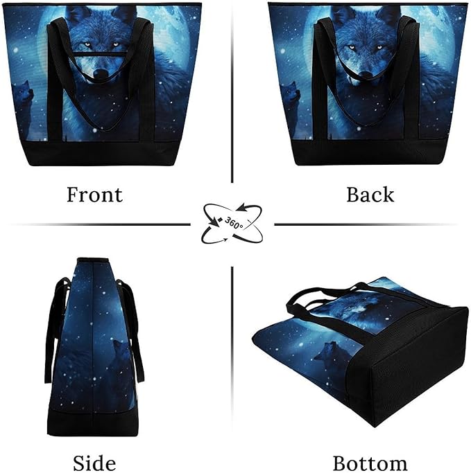 Insulated Shopping BagLarge Reusable Cooler Bags Wolfs Printed Foldable Shopping BagTravel Waterproof Shoulder Bag