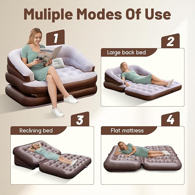 Full Size Inflatable Sofa Bed with Air Pump2-in-1 Blow-Up Couch and Folding Air Mattress Bed for HomeCampingand Guests