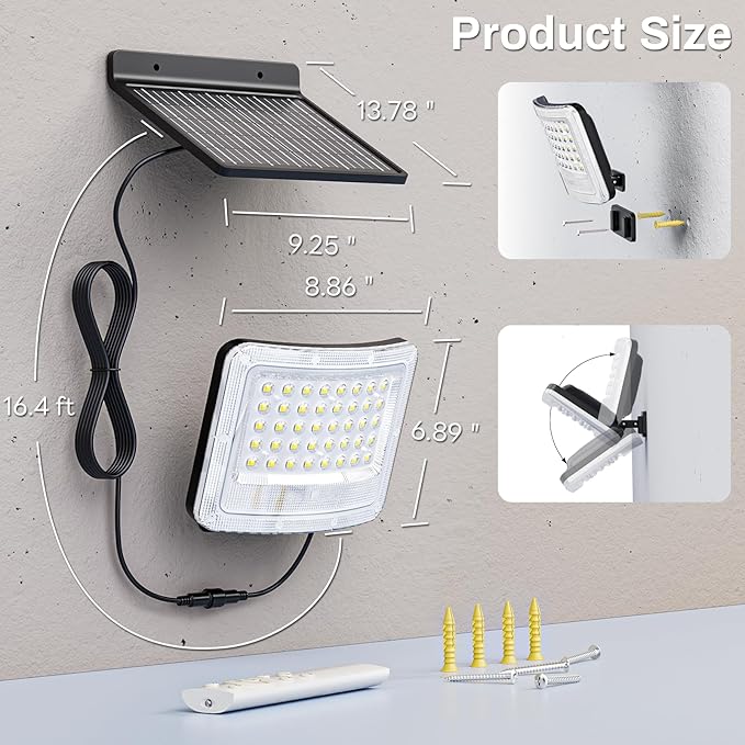 Solar Lights Outdoor4000mAh Solar Flood Light with Remote Control and Motion SensorSloar Powered Security Lights with 16.4 FT Cable 3 ModesWaterproof for Outside Patio Yard
